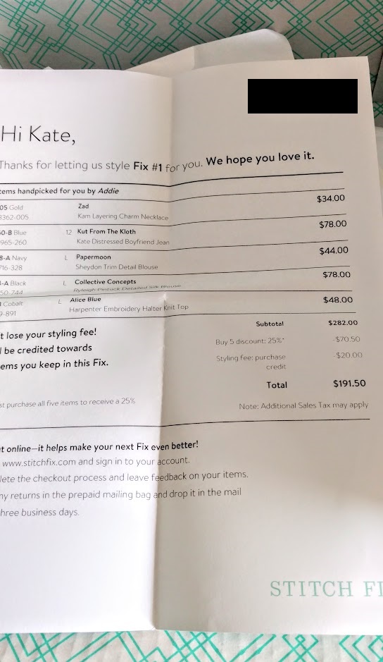 Stitch Fix July 2016 Box Invoice